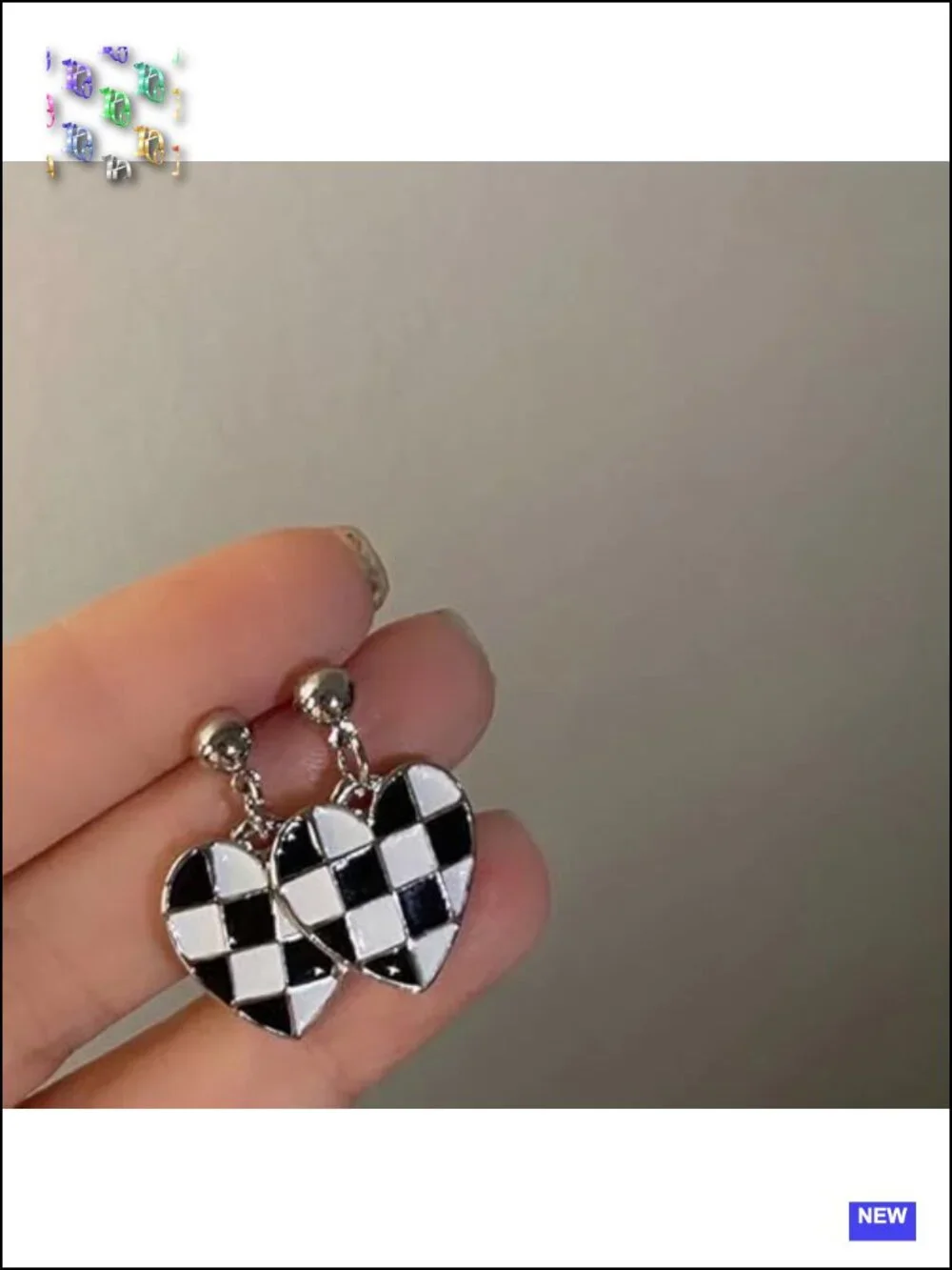 Heart Drop Dangle Earrings Geometric Checkerboard Pattern Statement Lightweight